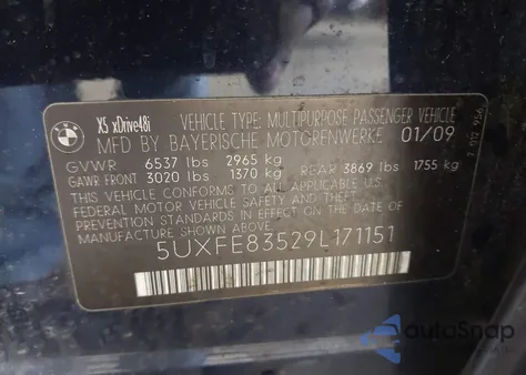 2009 BMW X5 xDrive48I z USA, uszkodzony, nr VIN 5UXFE83529L171151